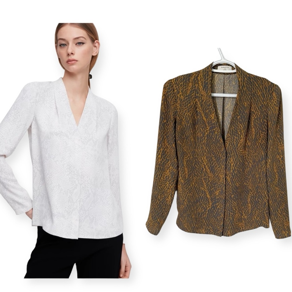 Aritzia Babaton Long Sleeve V-Neck Akira Power Blouse Brown / Grey / Gold XSmall